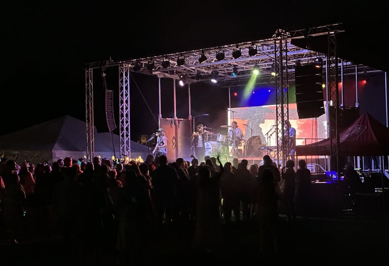Live rock band performing on an outdoor stage at night for a crowd of cheering fans.