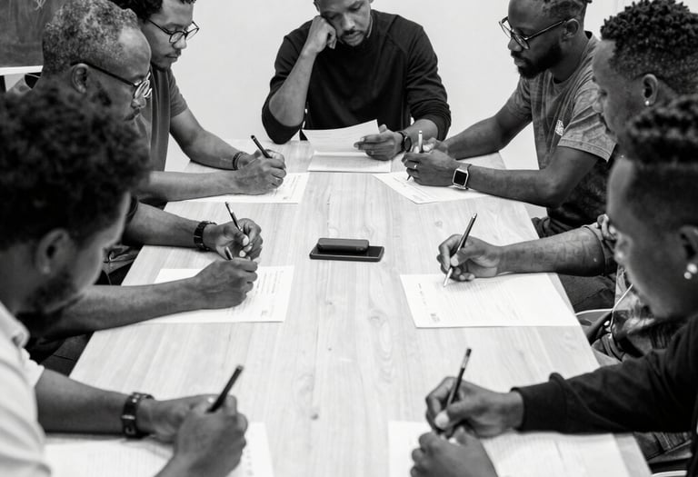 A group of African American adults engaged in hands-on skilled trades training in a workshop.
