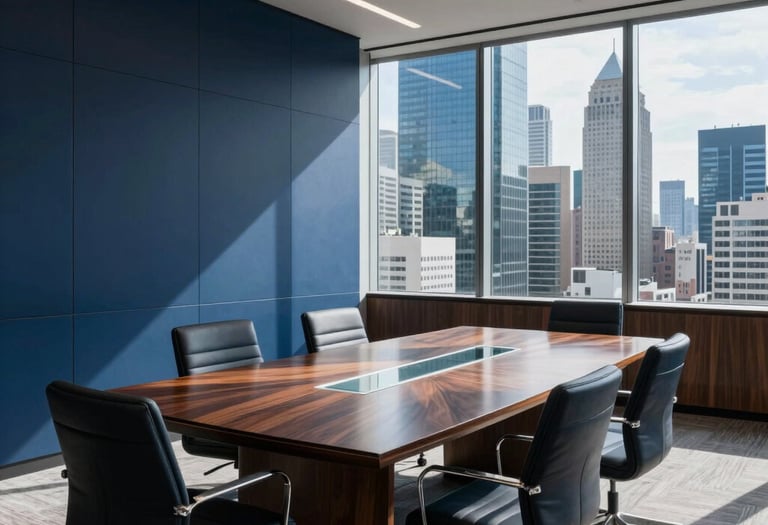 A professional wide shot of a modern, high-end office meeting room in a South American financial district. Sunlight illuminates a polished dark wood table with glass accents. The atmosphere is sophisticated and authoritative, using dark blue and muted blue tones in the decor.