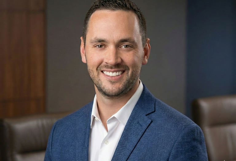Professional headshot of a smiling male executive in a blue blazer and white shirt in an office setting.
