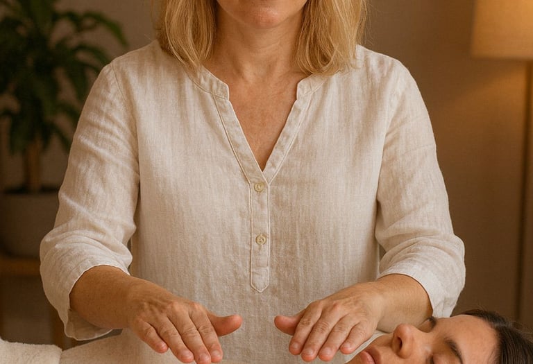 woman with hands hovering over another woman who is lying down