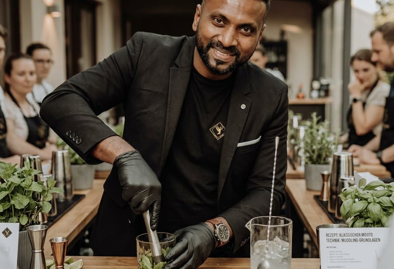 Professional mixologist muddling fresh mint for a classic mojito cocktail at a bartender training workshop.