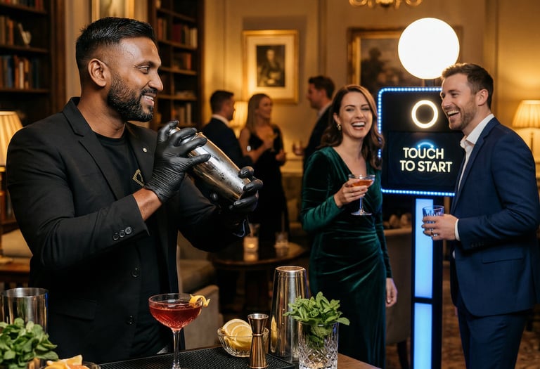 Professional bartender shaking cocktails at an elegant event with guests using a digital photo booth.