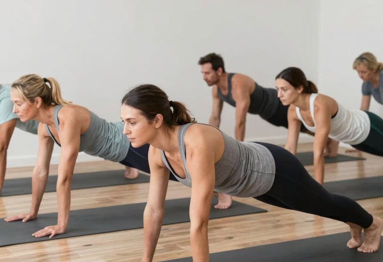 An older adult gently stretching in a bright, welcoming studio during a mobility class.