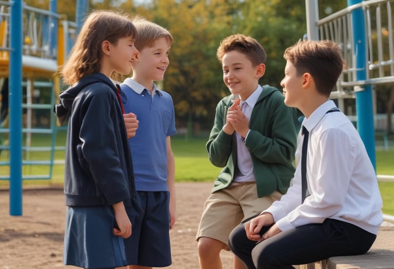 School-aged children talking and smiling together, demonstrating positive social interaction