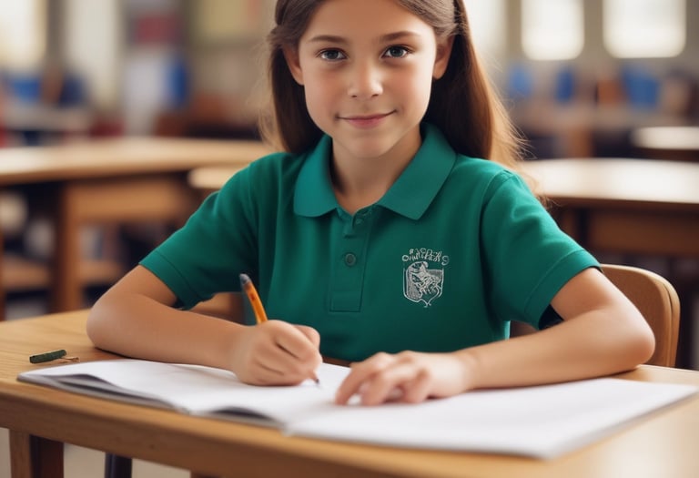 School-aged girl practicing handwriting skills at desk in classroom