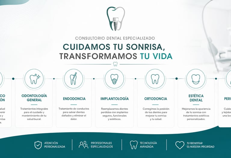 Especialidades dentales de Klinik Dent México incluyendo implantes, ortodoncia, endodoncia y estética dental.
