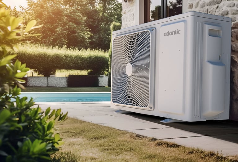 Atlantic air source heat pump installed outdoors on a stone wall patio next to a swimming pool.