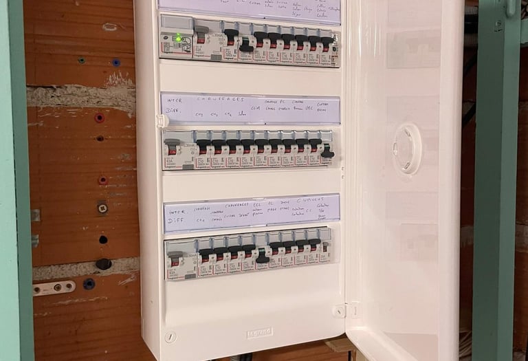 Open white electrical panel board with rows of circuit breakers and handwritten labels on a wall.
