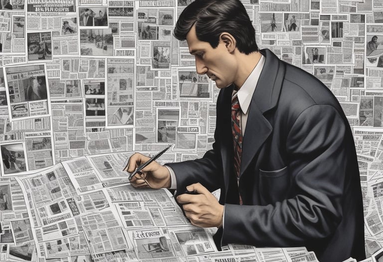 A focused journalist working on a laptop with newsroom screens in the background.
