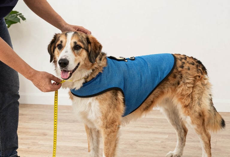 Una persona mide a un perro grande que lleva un chaleco refrigerante azul