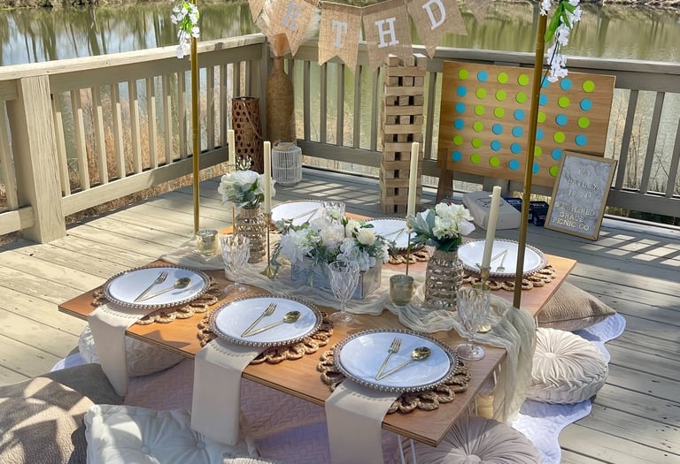 Northeast georgia luxury picnic with florals & elegant Happy Birthday gathering celebration banner