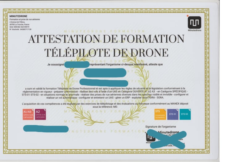 Official French drone pilot training certificate from Minutedrone Formation with STS and A1/A3 category labels.