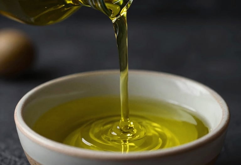 Close-up of vibrant green olive oil being poured into a shallow ceramic bowl, catching warm golden light, elegant dark background.