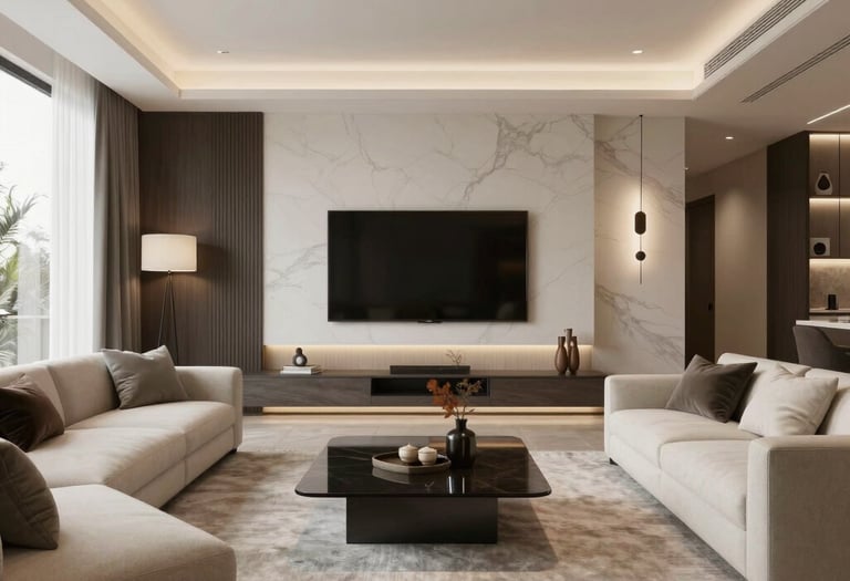 Modern luxury living room featuring a marble accent wall, large TV, and cream sectional sofas.