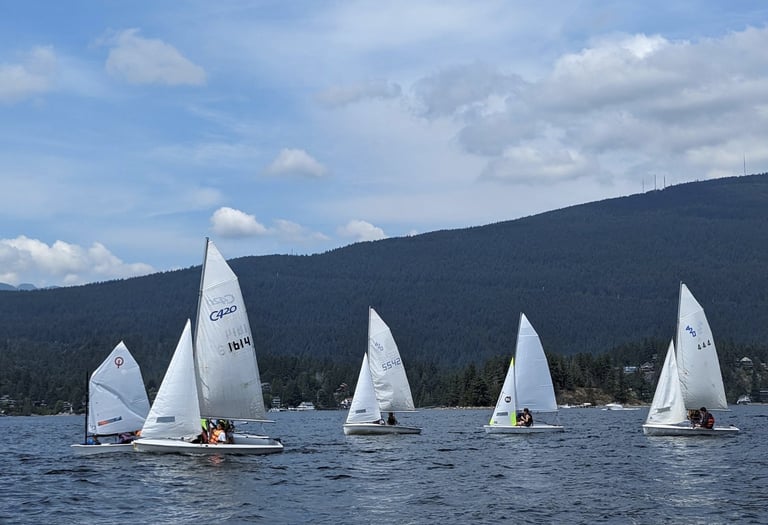 Adults are sailing in CANSail lessons at Deep Cove Yacht Club. Beginner lessons.. 