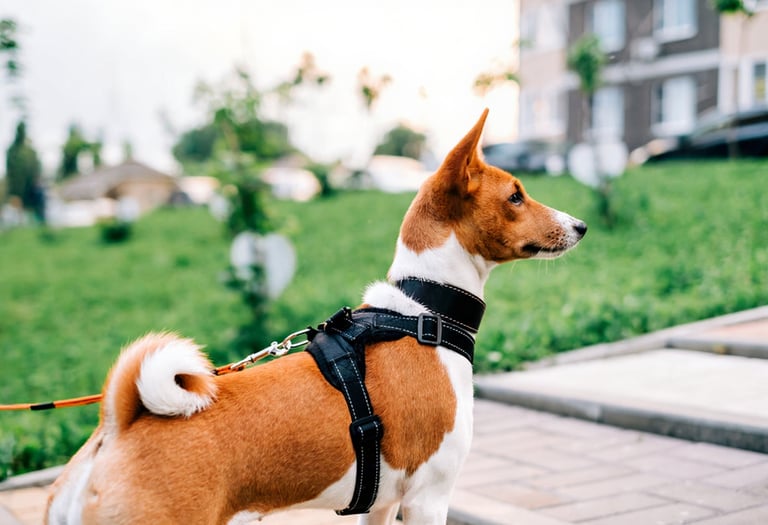 Basenji hond met lichtgewicht ademend tuigje in het park