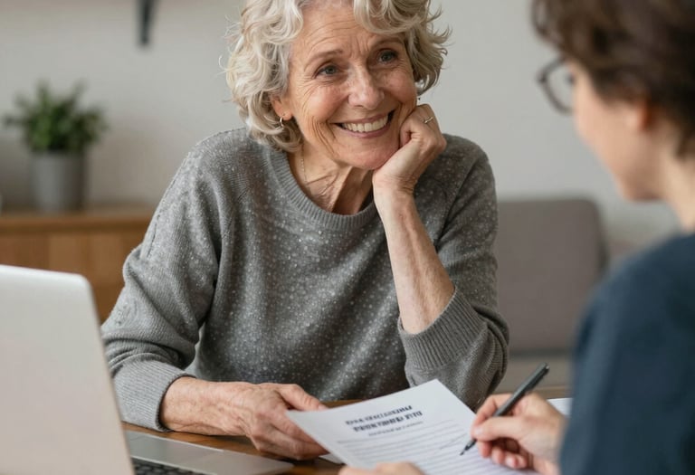 A friendly lawyer discussing flat fee options with a client in a cozy office.