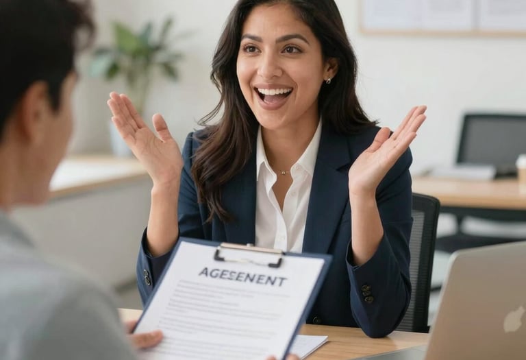 Close-up of hands signing legal documents with a blue and gray themed office background.