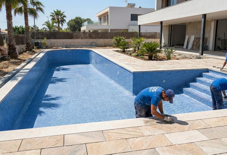 Reforma de piscina de alvenaria com instalação de iluminação LED e cascata em Jacarepaguá.