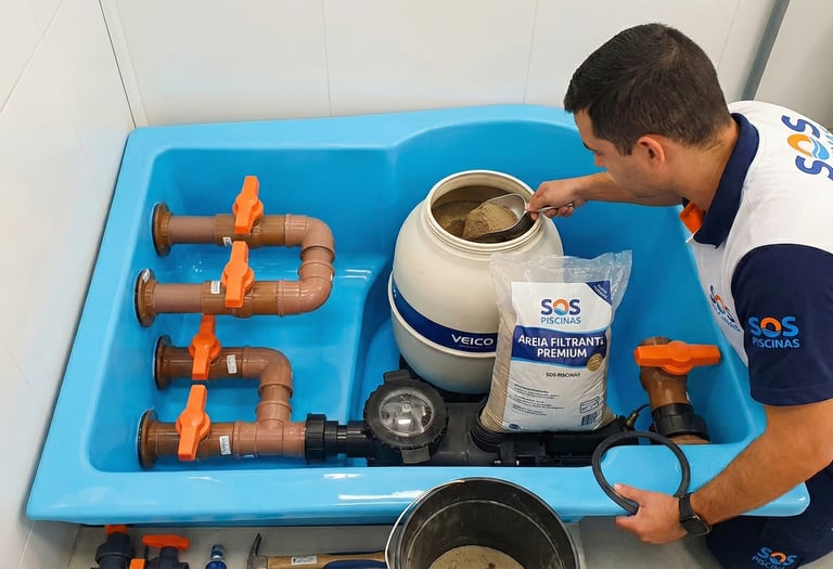 Troca de areia e carga filtrante para filtro de piscina residencial para garantir água cristalina.
