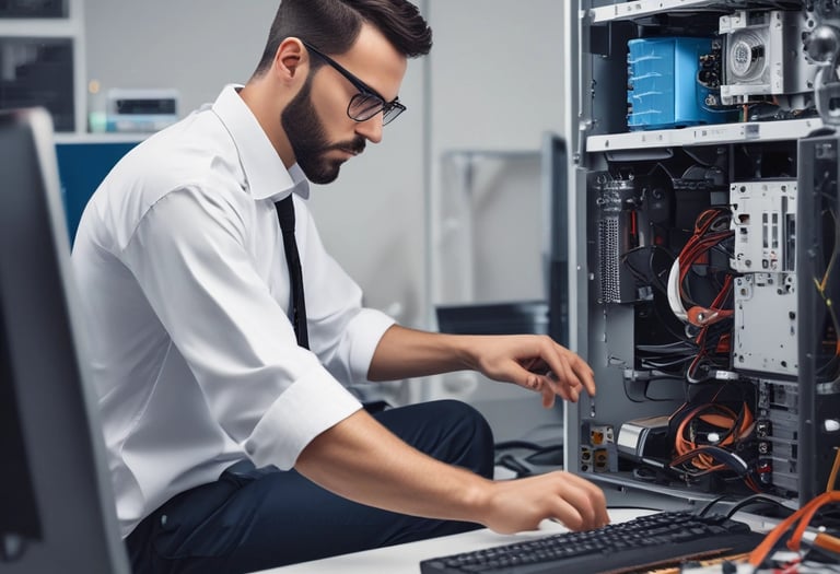 Technician installing a rooftop solar panel under a bright blue sky.