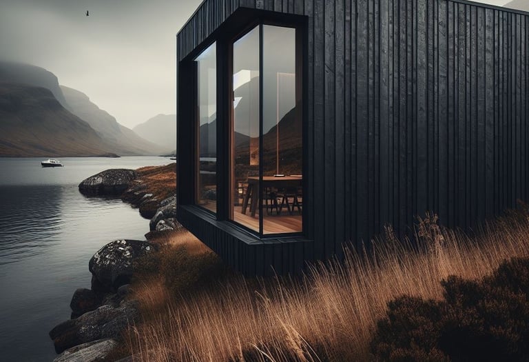 Modern black wooden cabin with large glass windows overlooking a foggy lake and mountain landscape.