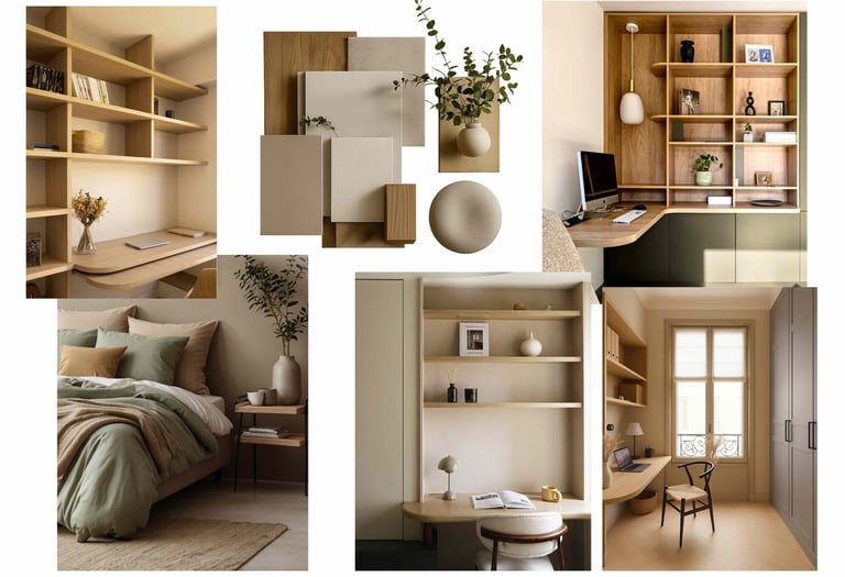 Modern minimalist interior design mood board featuring oak wood shelving, neutral bedrooms, and home office workspaces.