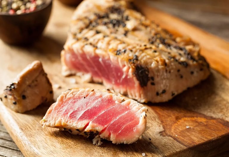Seared tuna steak with pepper crust, a fine dining dish served in Marbella