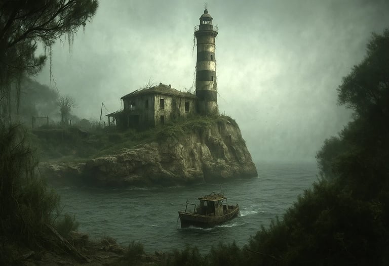 a boat in the water near a lighthouse