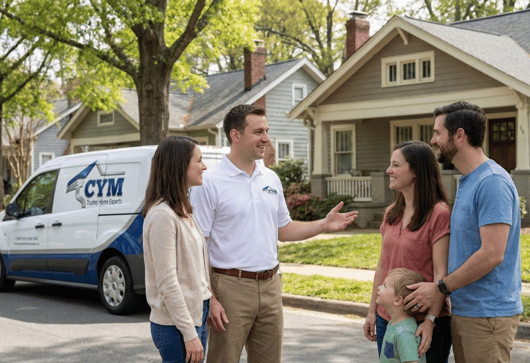 Durham NC contractor explaining roofing gutter and siding project to homeowners