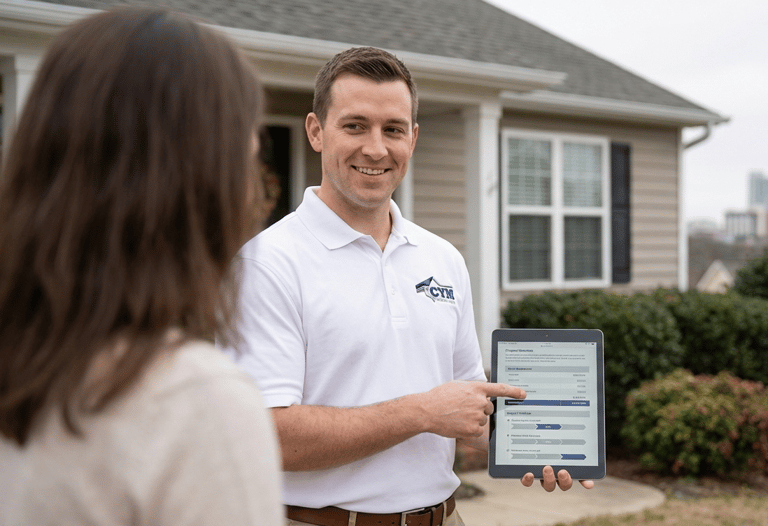 Durham NC contractor explaining roofing gutter and siding project to homeowners