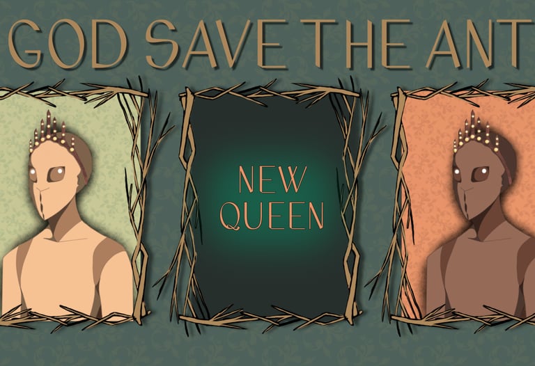 Cover image God save the Ant, green background with three framed illustrations of new ant queens