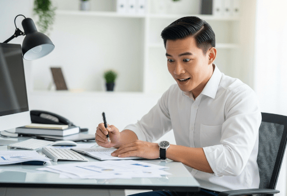 Giovane ragazzo seduto alla scrivania con camicia bianca che ha una illuminazione improvvisa