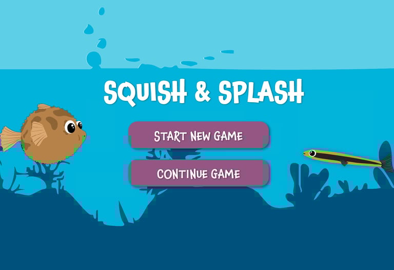 cover image for squish and splash, blue ocean themed background, cartoon fish