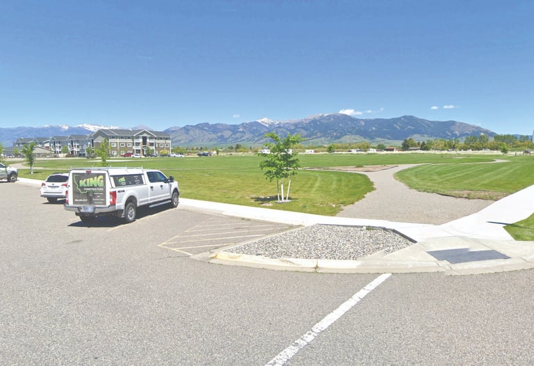 a van parked in a parking lot with mountains in the background