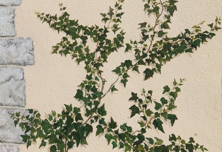 Lierre et pierres peints en trompe-l'oeil sur une façade