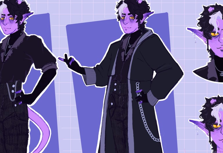 cover image for character design, purple background, purple and black themed character