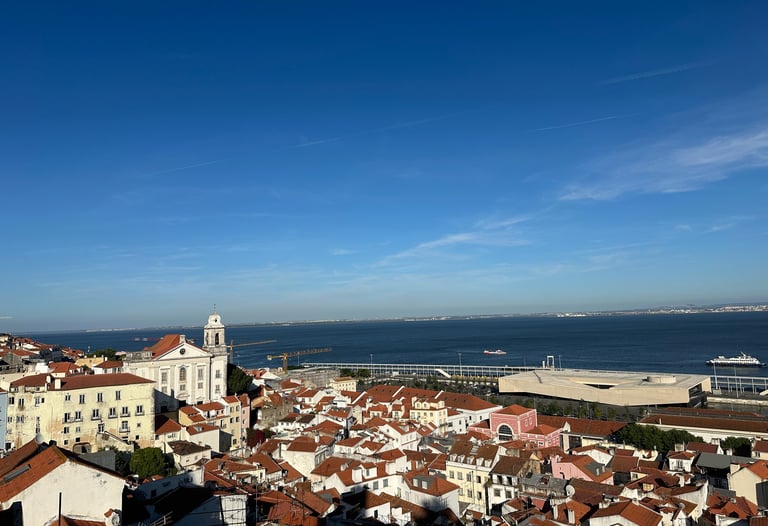 Vista do alto da cidade, vários telhados das casas e o Rio Tejo ao fundo