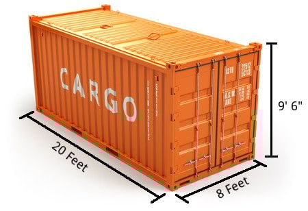 An orange in color 20ft high cube shipping container showing exterior dimensions
