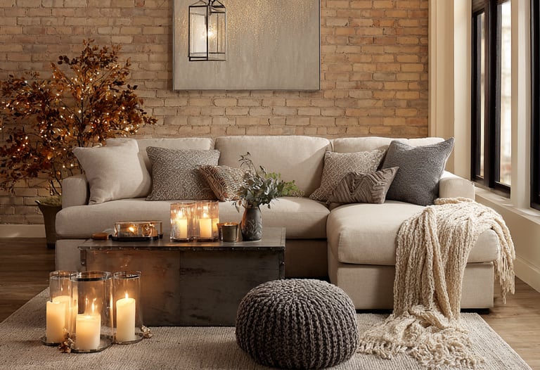 a living room with lanterns, candles and autumn atmosphere