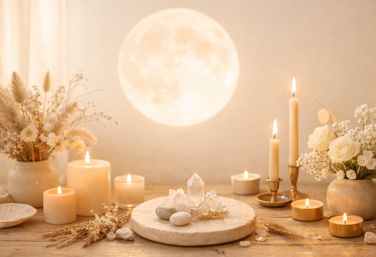 Altar de luna llena con velas y flores, ambiente cálido