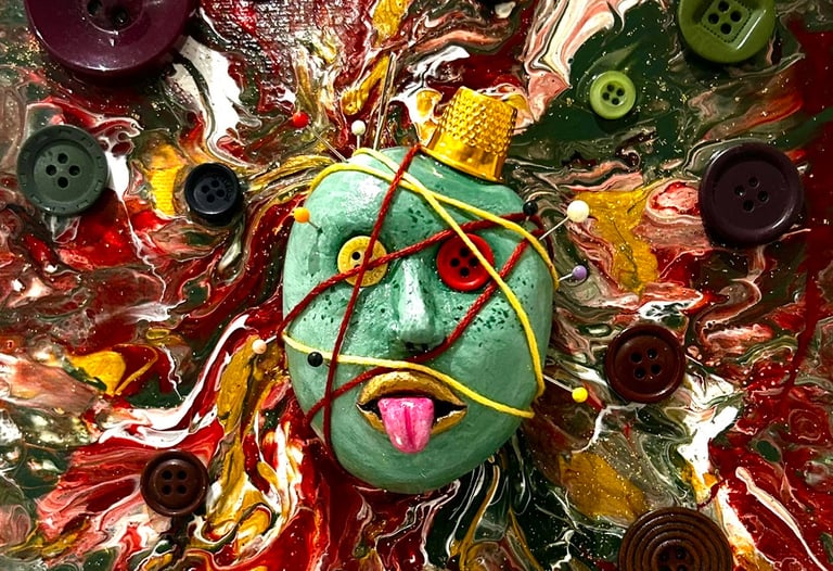 Ilona Paris tableau sculpture sur toile d'un visage cousu avec des yeux boutons