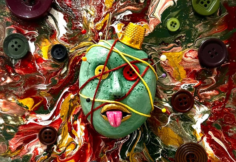 a painting of a face with buttons and buttons