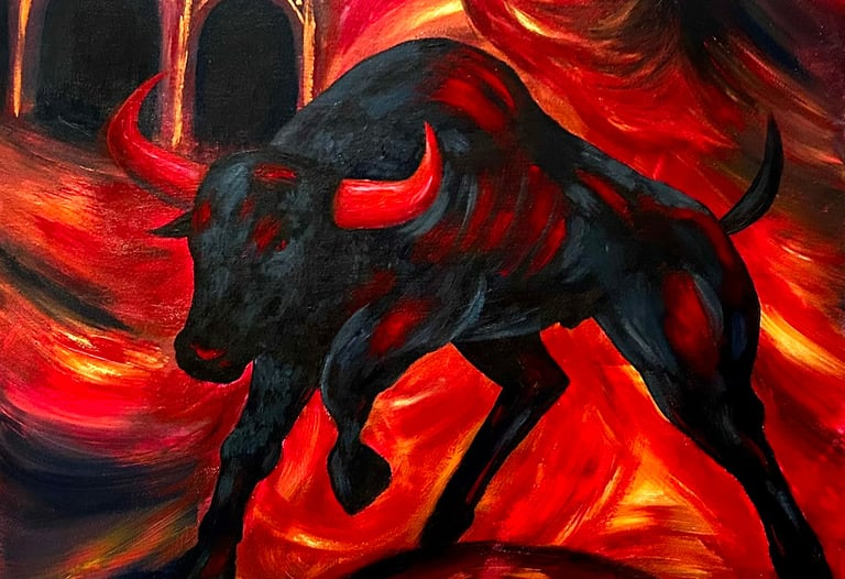 a painting of a bull in a red and black background
