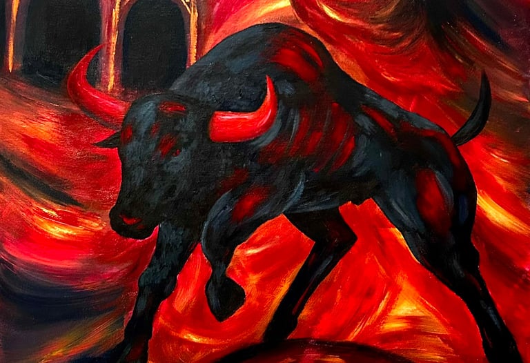Ilona Paris tableau tauromachie d'un taureau sur fond rouge