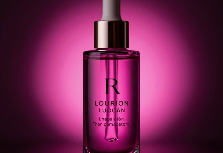 Close-up of a premium glass skincare bottle with glowing neon magenta backlighting in a dark, luxury North American minimalist setting.