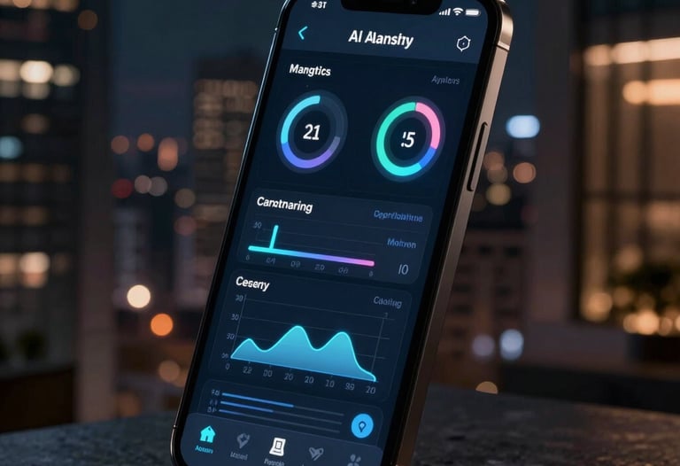 Clean, high-end photography of a modern smartphone showing a glowing AI analytics app interface, set in a dark North American penthouse at night.