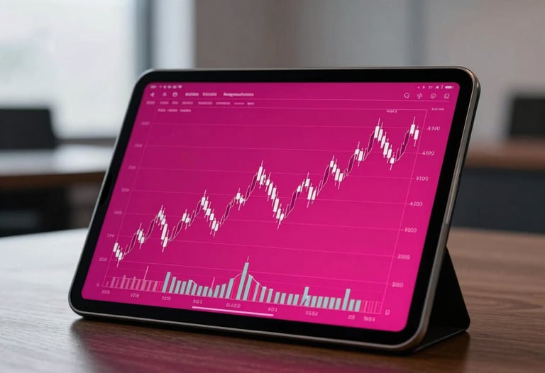 Minimalist composition of a sleek tablet displaying a vibrant, magenta-toned financial chart in a high-end North American office setting.