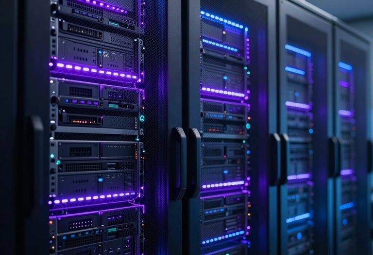 Cinematic shot of a high-speed data server room with purple and blue LED lighting, representing the computational power of AI marketing.